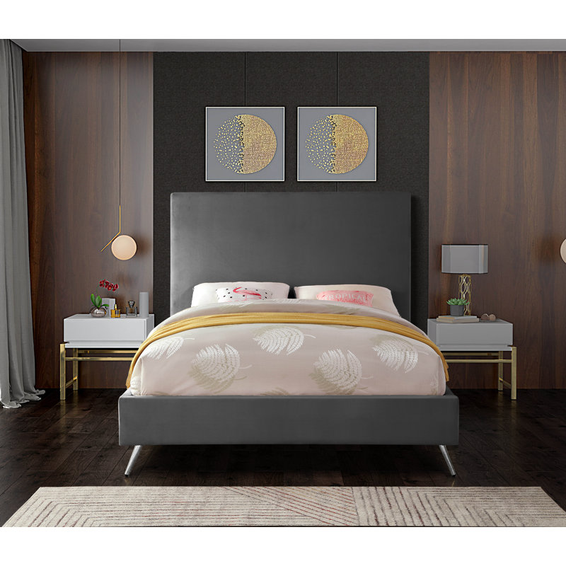 Lit plateforme tapissier Jasmine Lavaca, Double, Velours gris