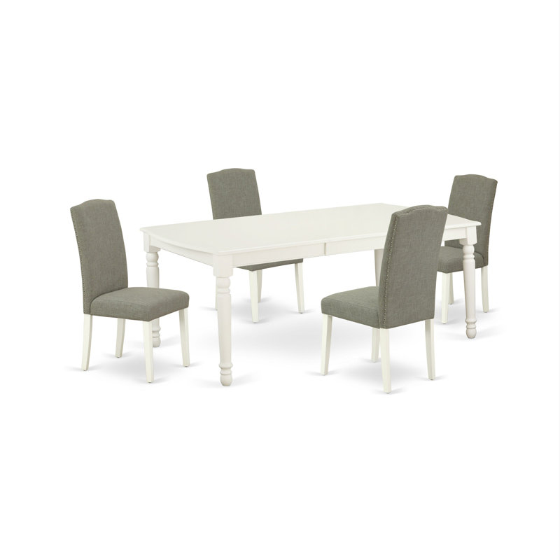 Cet ensemble de salle à manger 5 pièces comprend une table de cuisine rectangulaire avec feuille papillon et 4 chaises rembourrées en lin Shitake foncé, blanc lin