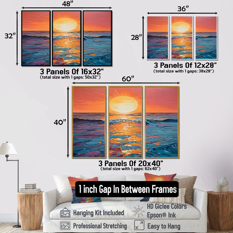 Salcedo - Sunset Wall Art Print Set, Silver Floater Framed, 32" H x 48" W x 1" D