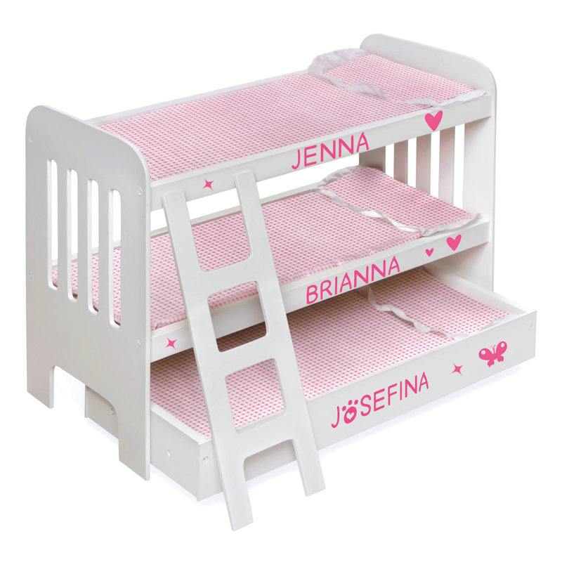 White and Pink Wooden Doll Bunk Bed with Ladder and Trundle