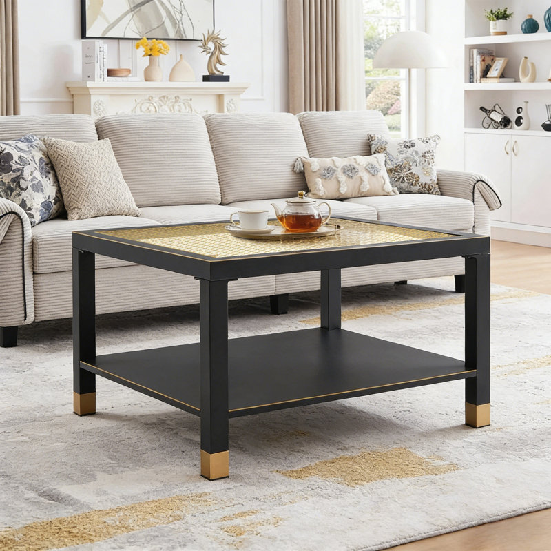 Table basse industrielle carrée - structure en acier noir mat 27,6 po et plateau en verre doré, Noir; or