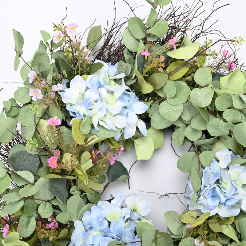 Handcrafted Faux 24'' Eucalyptus Grapevine Hydrangea Front Door Wreath