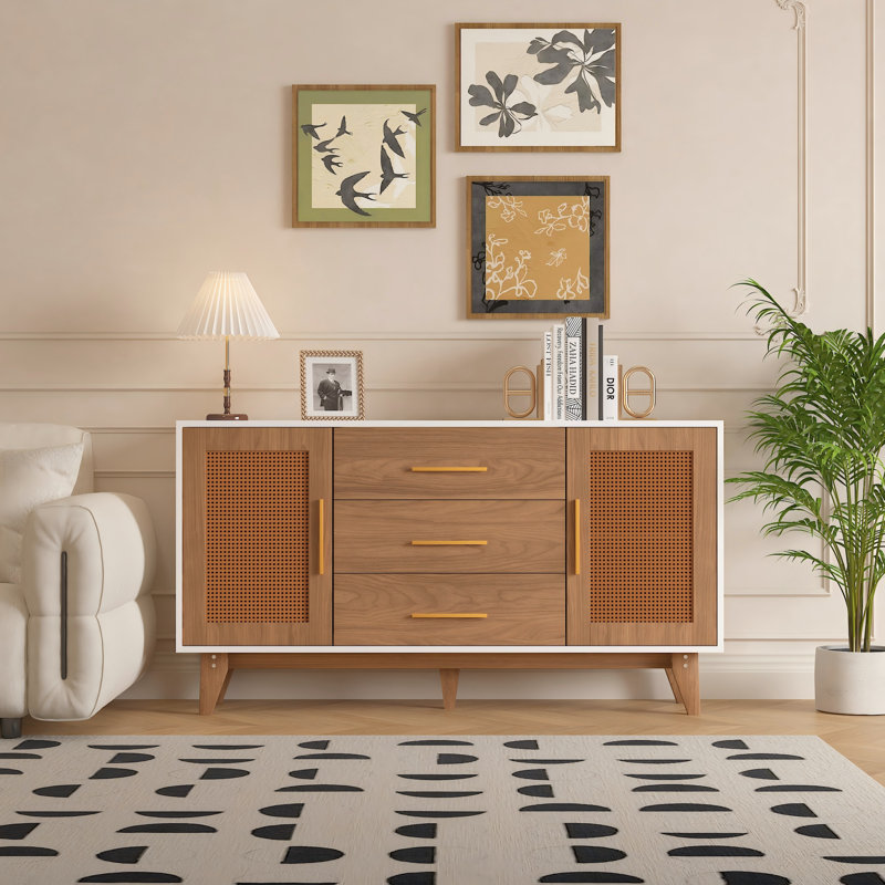 White and Brown 59" Rattan Sideboard with Wooden Legs