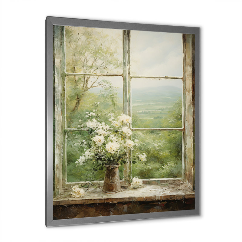 «Countryside Calm Blooms Farm Windows II - Farmhouse Windows», art mural, Cadre simple argenté, H 44 po x l 34 po x P 1,5 po