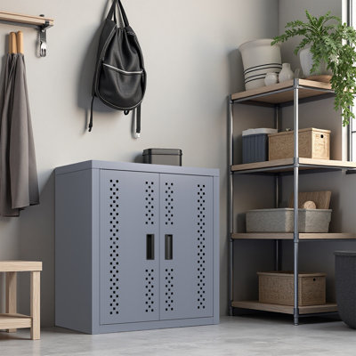 Gray Metal Garage Cabinet With Door, Wall-Mounted Storage Cabinet, Floating Tool Cabinet For Basements, Kitchens, And Warehouses