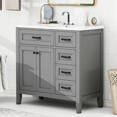 Meuble-lavabo 36 po avec lavabo en céramique lisse, armoire grise, structure en bois massif, fabrication et tiroirs décoratifs pour les pièces de style, l'esthétique