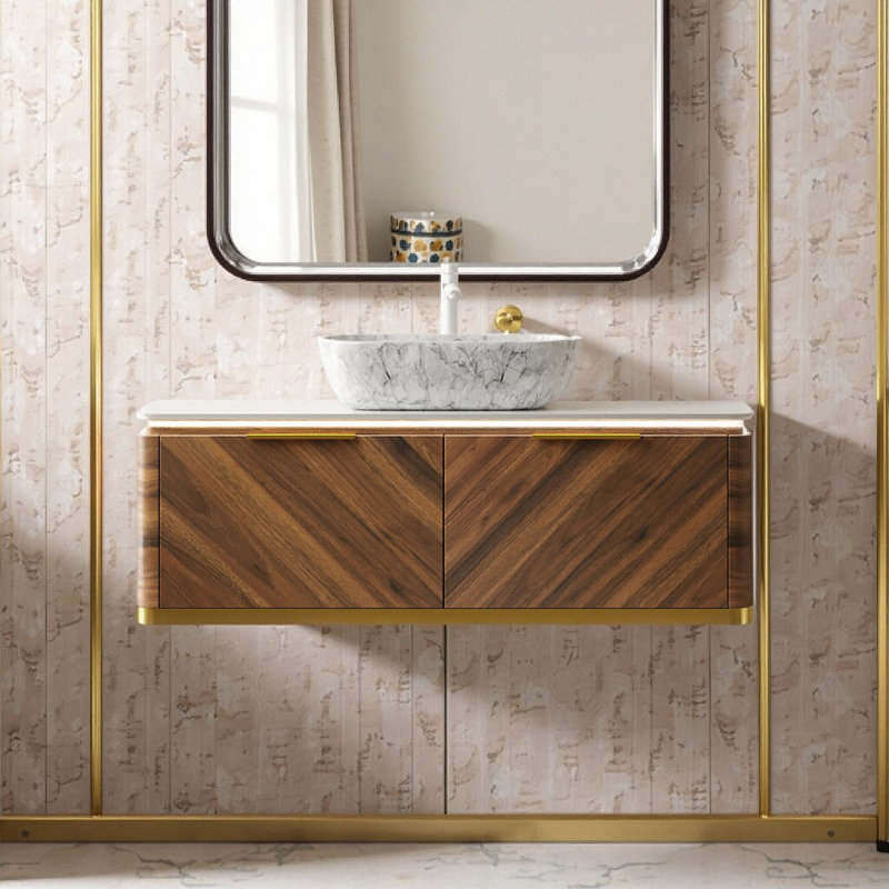 Meuble-lavabo flottant 48 po avec éclairage à capteur intelligent et plateau en pierre de luxe 48 po - Armoire de rangement moderne, Tiroirs à fermeture en douceur, Installation facile pré-assemblée