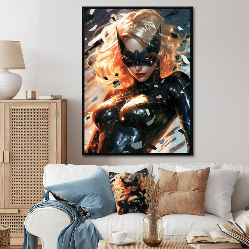 Portrait de femme super-héros sur toile, Cadre flottant noir, H 20 po x l 12 po x P 1 po