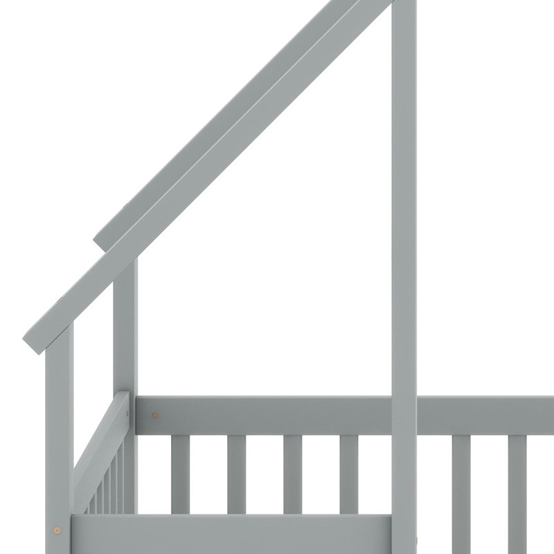 Cozy Cottage-Inspired Low Loft Bed With Full-Perimeter Wooden Fence, Gray
