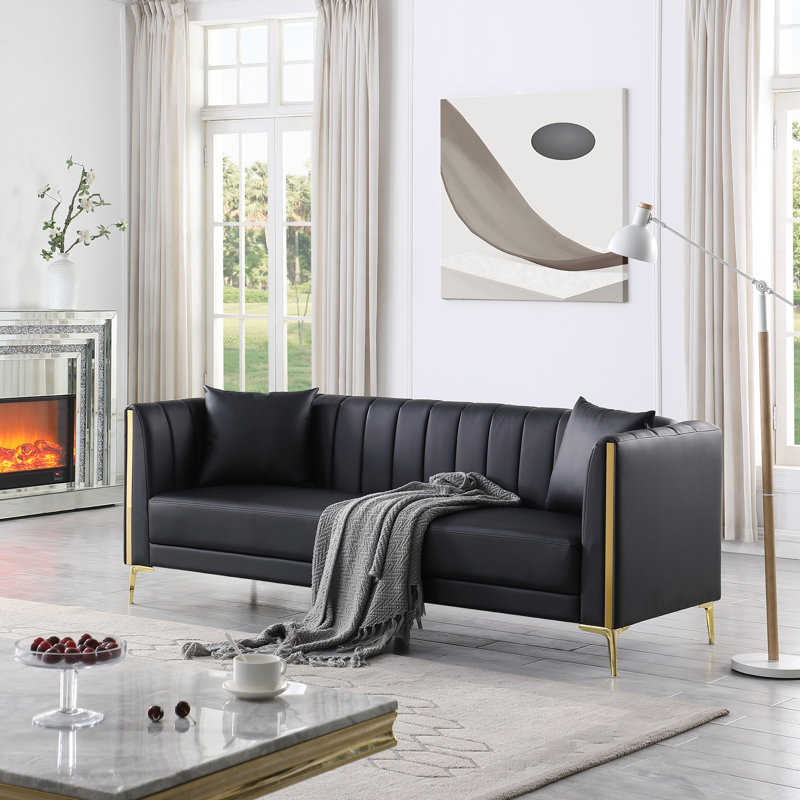 Dreiling 77.6" Faux Leather Tuxedo Arm Sofa, Black Performance Faux Leather