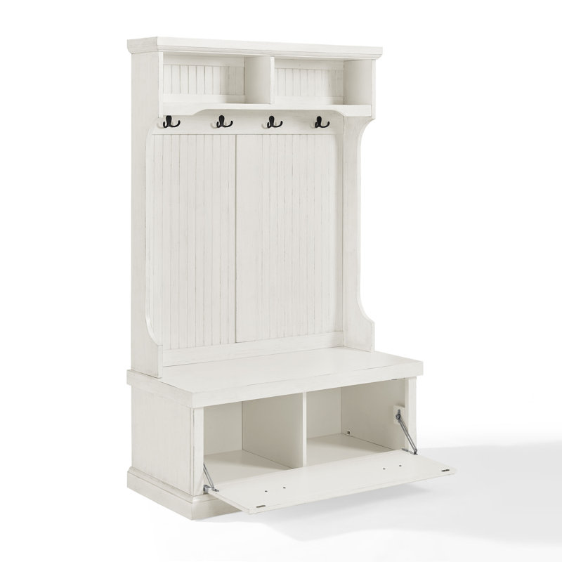 Seaside 40 " Wide Hall Tree with Shoe Storage and Shelves, Distressed White