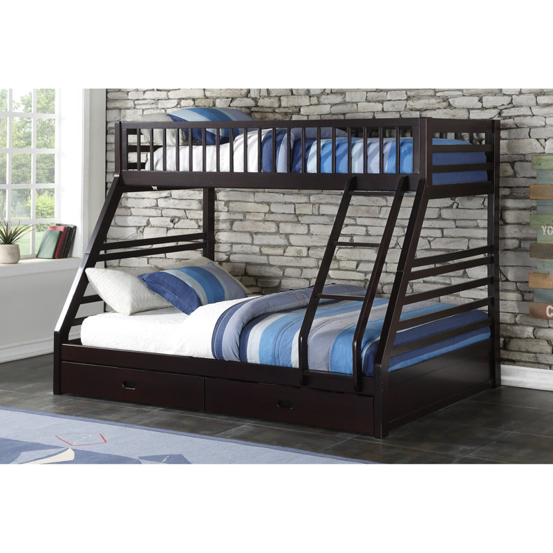 Lit superposé simple TG / grand avec rangement et 2 tiroirs français, option convertible, système de lattes, façade avant, barrière de sécurité pleine longueur, structure en pin, capacité de charge de 220 lb, système de finition