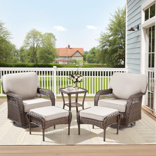 5-Piece Premium Outdoor Rattan Set, 2 Swivel Glider Chairs With T-Shaped Backrests, 2 Multi-Functional Ottomans & A Reinforced Glass Side Table For Patio, Garden, Poolside & Backyard