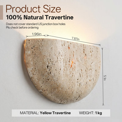 Wooant Natural Travertine Wall Sconce, 7.87" Hardwired Half Moon Stone Light, Up Or Down Facing Organic Modern Decor, Japanese Wabi Sabi Yellow G9 Ambient Sconce For Bedroom Living Room
