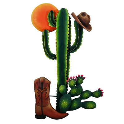 3d, Steel And Fiberglass, Highly Detailed, Prickly Pear, Cactus, Boot And Hat Wall Hanging