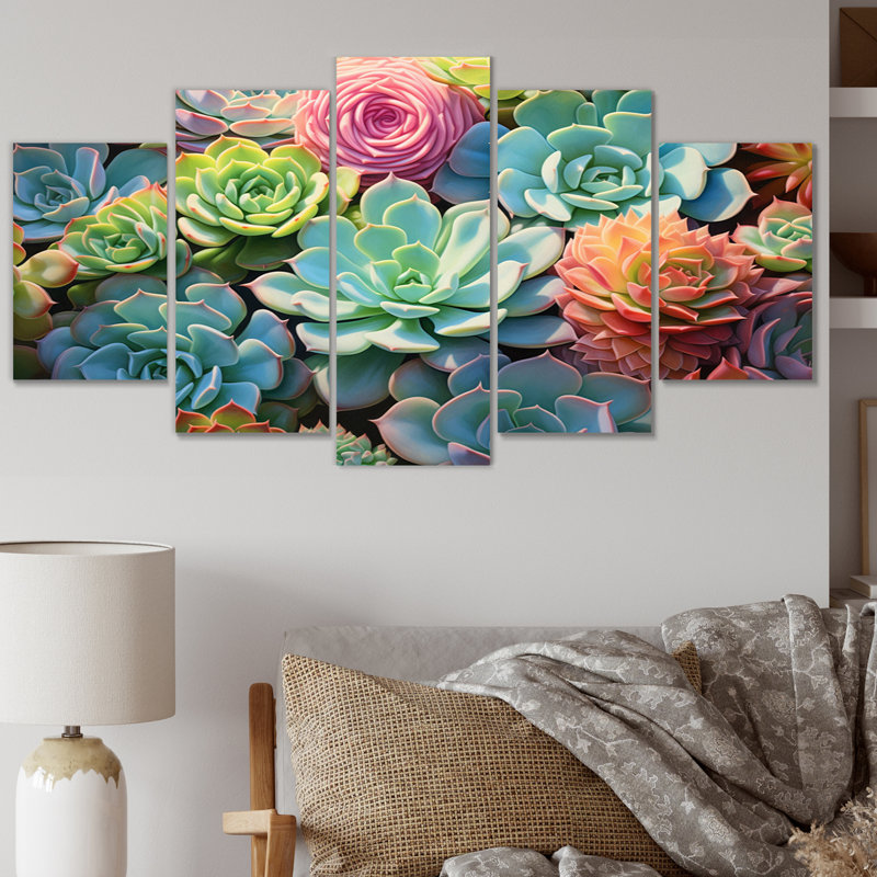 Green Succulents Serenity Garden Ii I - Art mural sur toile floral - 5 panneaux