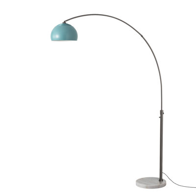 Lampe à arc demi-dôme 92 po - nickel noir, base en marbre blanc, abat-jour demi-dôme en acier bleu piscine, à intensité variable, ampoule incluse