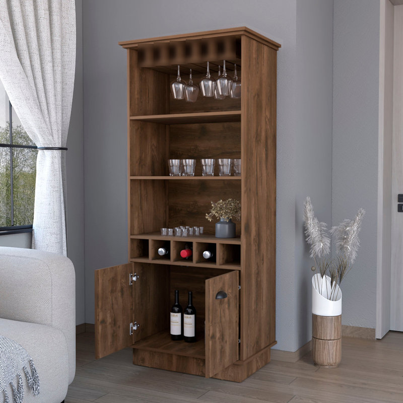 Armoire de bar fonctionnelle brune foncée avec tablettes pratiques - 3 tablettes et 5 bouteilles pour un rangement efficace Esthétique attrayante et attrayante
