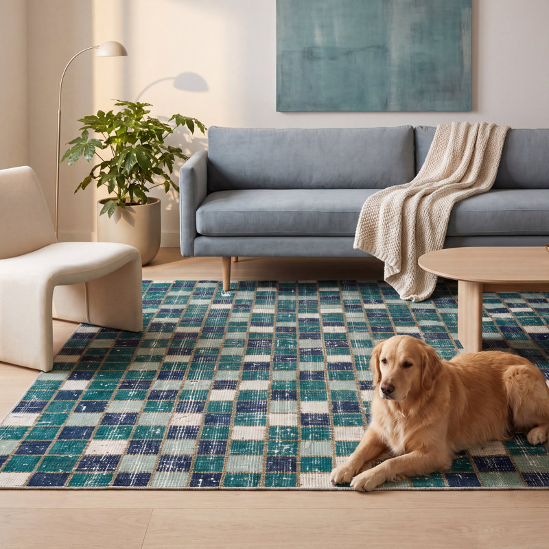 Tapis Clover2 moderne à motif mosaïque mouchetée abstraite bleu sarcelle et blanc, lavable en machine, antidérapant, à poils courts, pour l'intérieur et l'extérieur, adapté aux animaux domestiques, idéal pour le salon, la chambre, la salle à manger, l'entrée, le couloir ou le bureau.