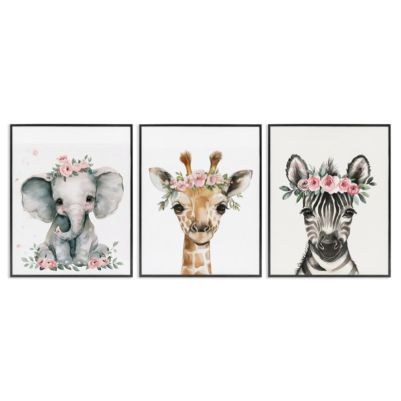 «Pink Rose Jungle Animals», ensemble de 3 giclées par LSR Design Studio, H 30 po x l 24 po, Giclée encadrée noir minuit