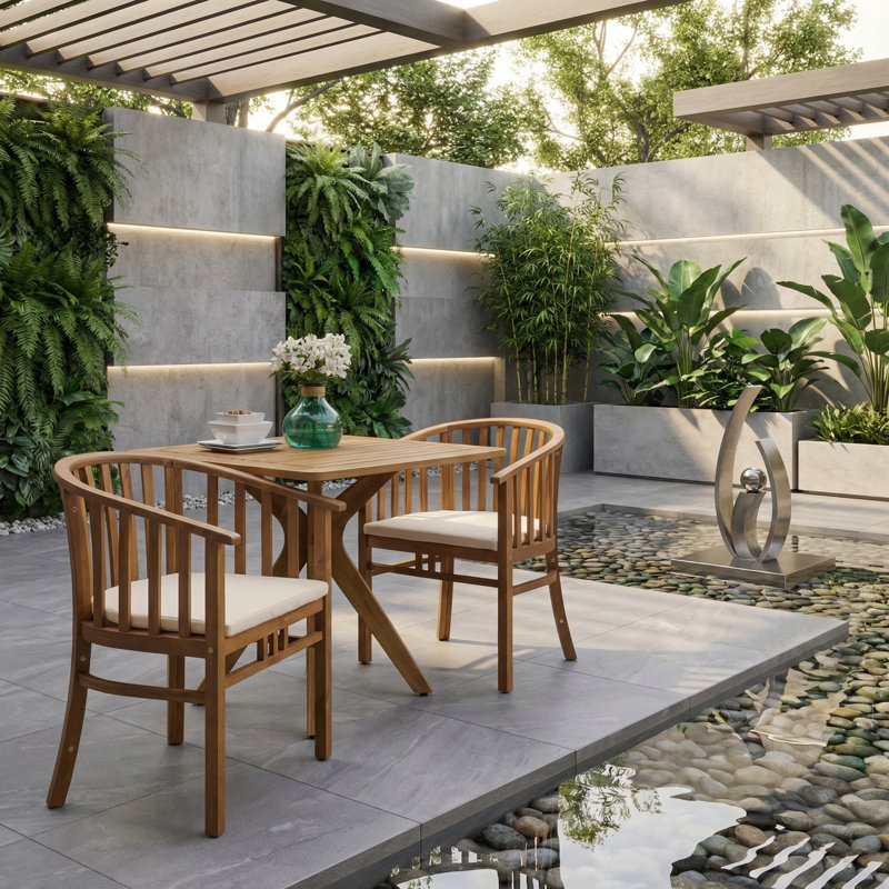 Chaises de salle à manger d'extérieur en bois avec coussins, ensemble de 2, crème, finition teck