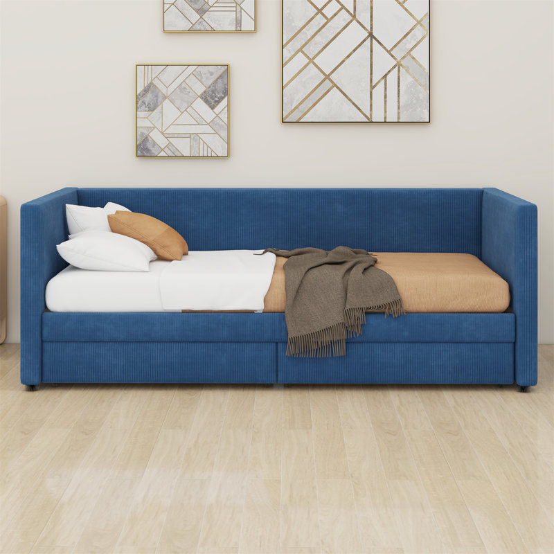 Corduroy Daybed With Two Drawers And Wood Slat, Blue
