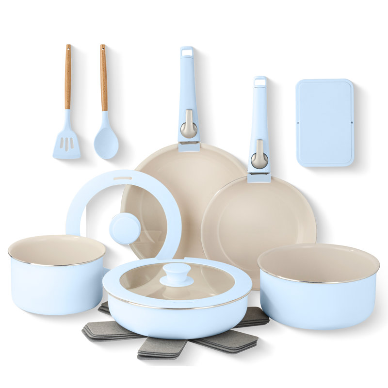 Light Blue Ceramic Nonstick 18-Piece Cookware Set with Detachable Handles