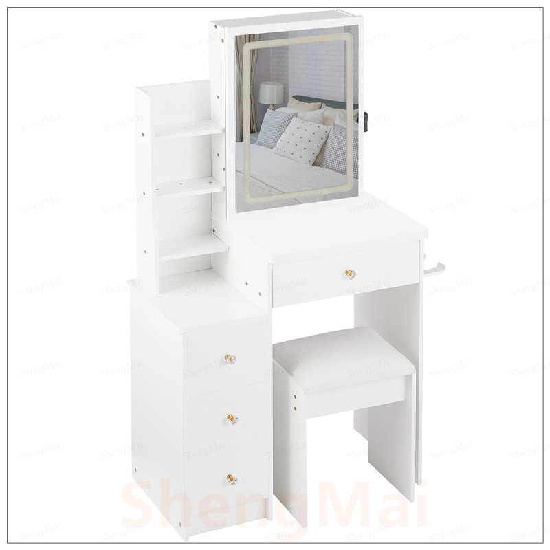 Table de meuble-lavabo compacte avec tabouret rembourré, miroir à DEL et centrale électrique, idéale pour les petits espaces et une utilisation multifonctionnelle.