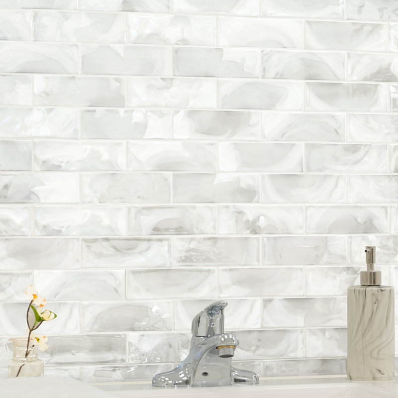 Nacre Blanc Subway 12 in. x 15 in. Glossy Glass Mosaic Wall Tile
