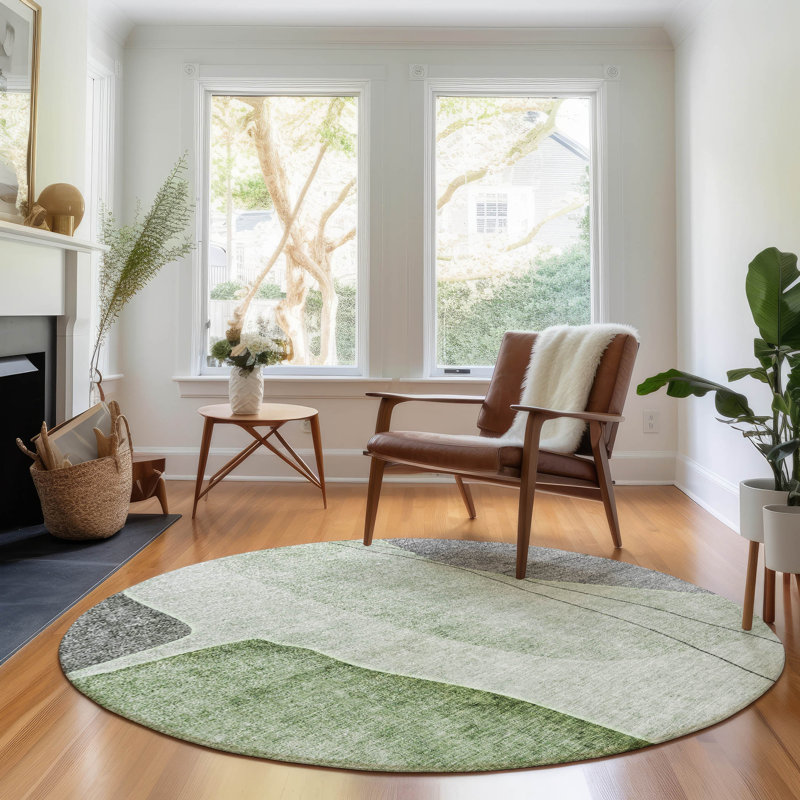 Premium Machine Washable Prisco Green Rug, Round 8'
