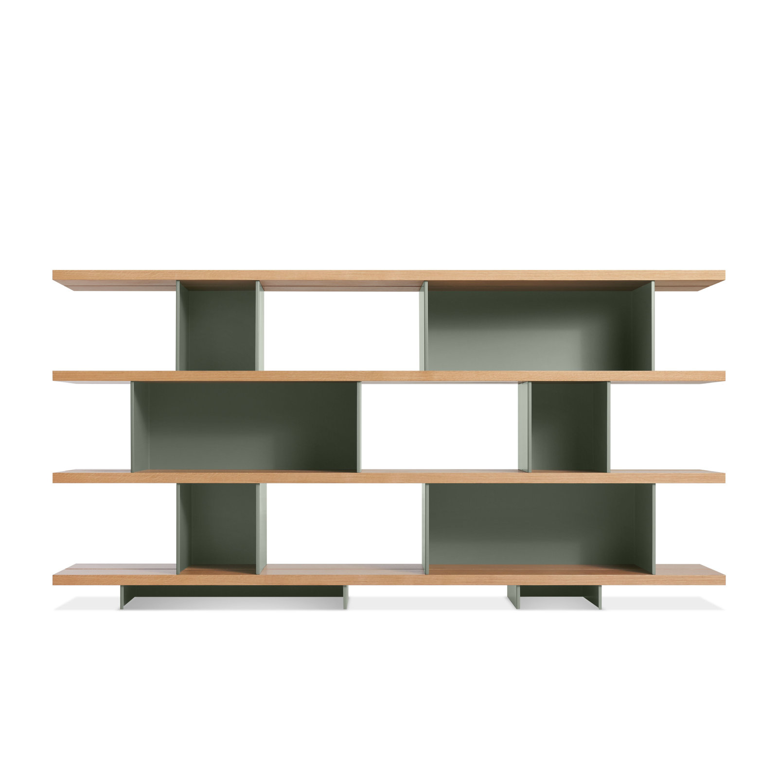 Happy Day Wide Bookcase, (4 Shelves) 41" H x 81" W x 14" D, White Oak/Gray Green