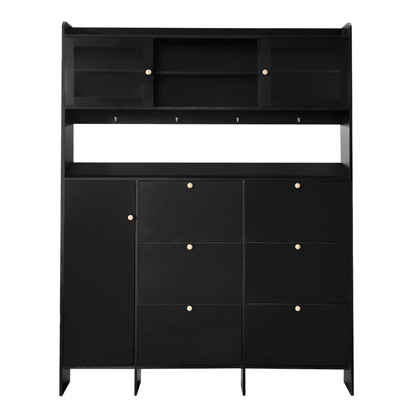 Armoire à chaussures contemporaine avec 6 tiroirs et 4 crochets, grandes portes en verre trempé pour couloir, beauté noire renversante