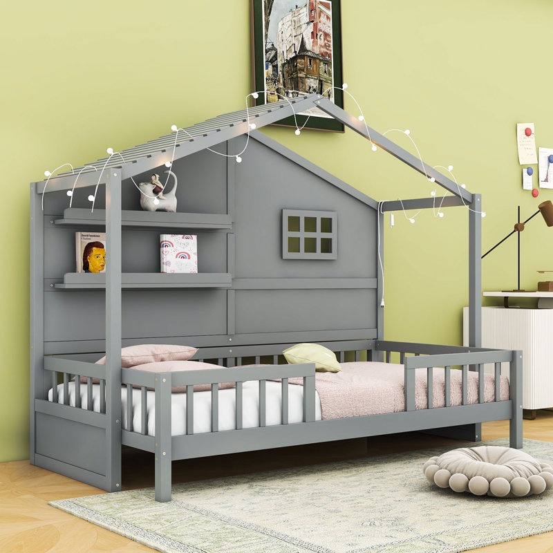 Twin Wooden House Bed With Shelves, Guardrails And Light Strip, Gray