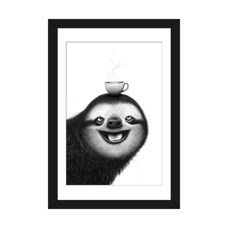 «Sloth With Cappuccino», reproduction d'art sur papier encadré, 24" x 16", Papier encadré, Black