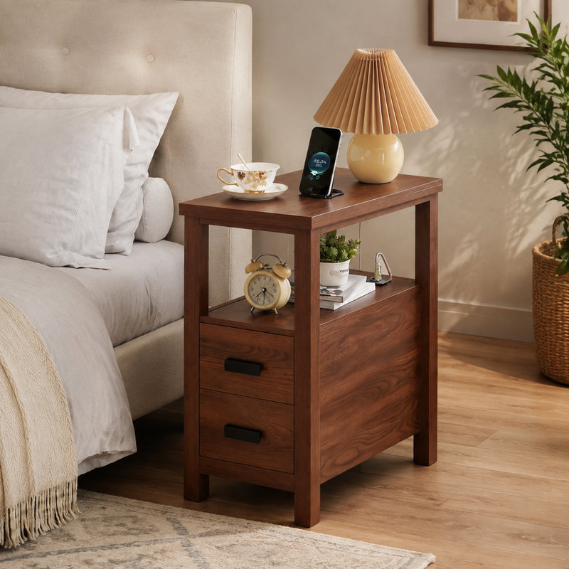 Petite table d'appoint en bois avec station de recharge, 2 tiroirs, ports USB et prises électriques, finition noyer