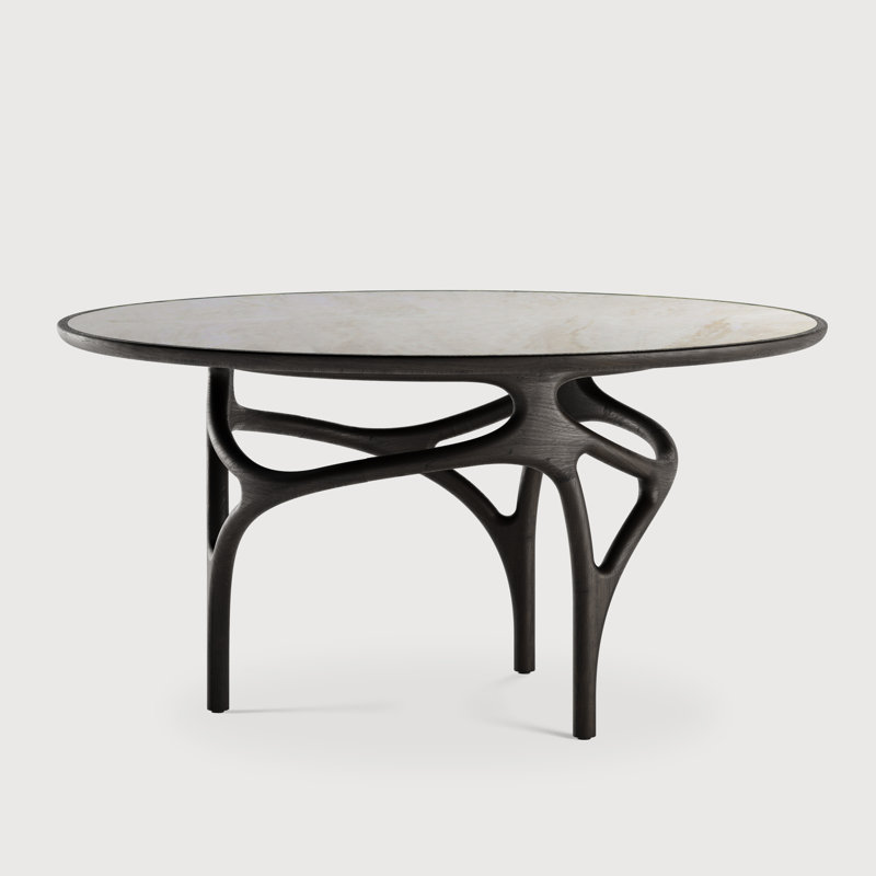 Cena dining table - varnished teak - dark brown - beige quartzite top - round, White/Black, Quartzite