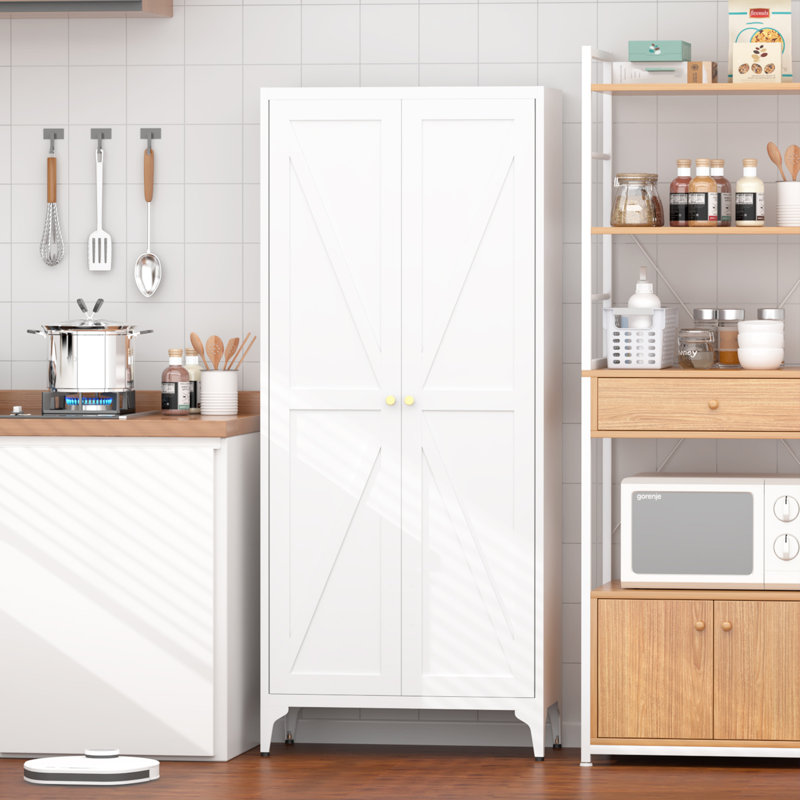 Armoire de rangement en métal blanc avec double porte et étagères réglables, hauteur 165 cm (64,96 pouces).
