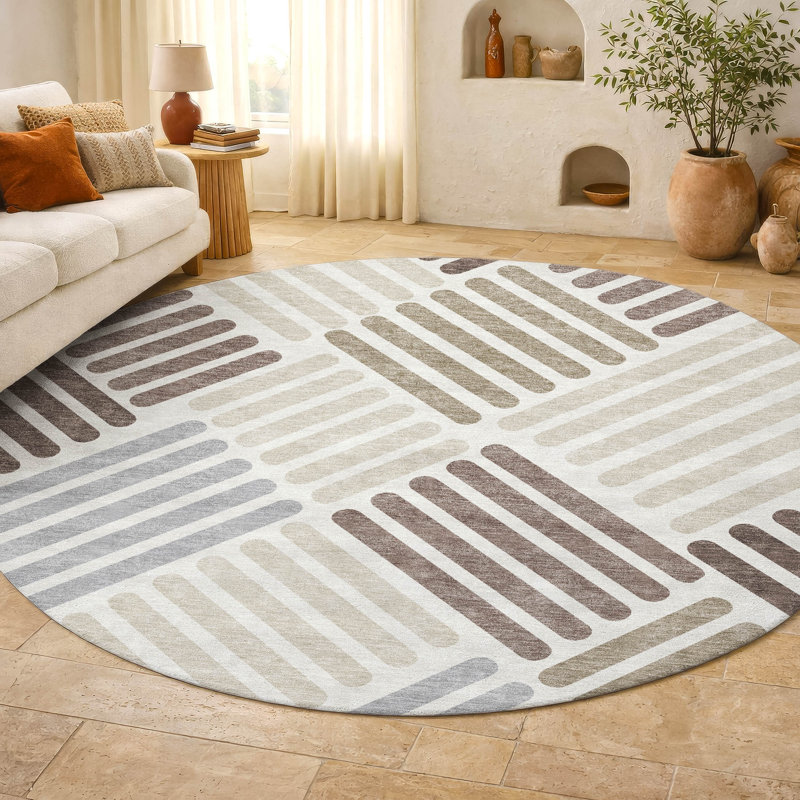 Premium Machine Washable Mayfield AMF2339 Geometric Rug, Ivory, 8' Round
