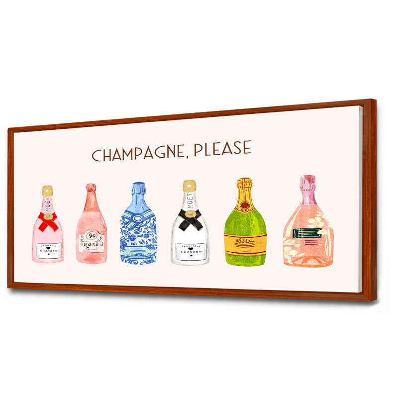 Champagne, veuillez Happy Hour - Champagne, art mural, Cadre flottant brun, H 28 po x l 60 po