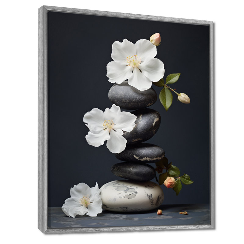 Décoration murale zen sérénité fleurs blanches pierre noire Cairn I - Pierre spirituelle, H 40 po x l 30 po x P 1,5 po