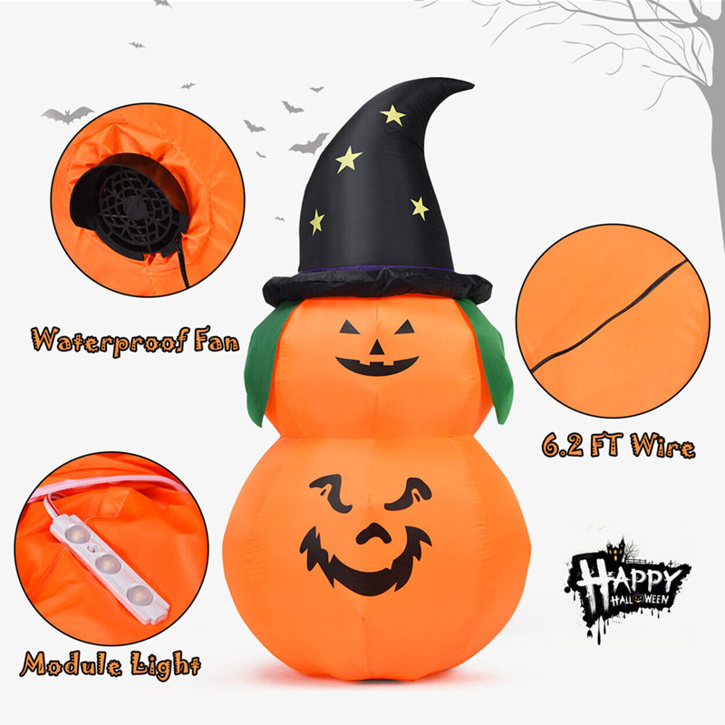 5 Ft Black and Orange Inflatable Pumpkin with Witch Hat