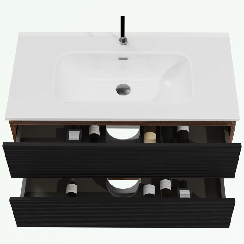 Wall Mounted Bathroom Vanity with Integrated Ceramic Sink and drawer, Black/Brown