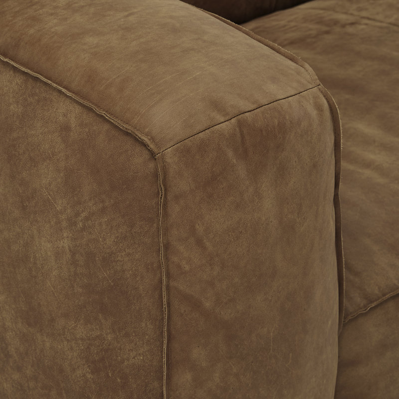 Dupo 94" Genuine Leather Tuxedo Arm Sofa, Outback Tan Genuine Leather, Dark Mahogany