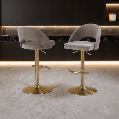 Ensemble de 2 tabourets de bar pivotants réglables avec repose-pieds rond en T - Design moderne en métal et en tissu