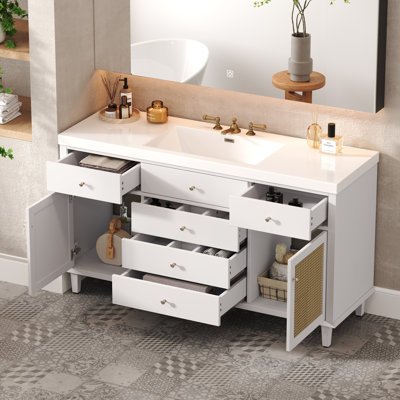 Meuble-lavabo 60 po avec lavabo SMC, armoire moderne avec tiroirs à fermeture en douceur et portes en rotin, 5 pieds en pin et boutons argentés