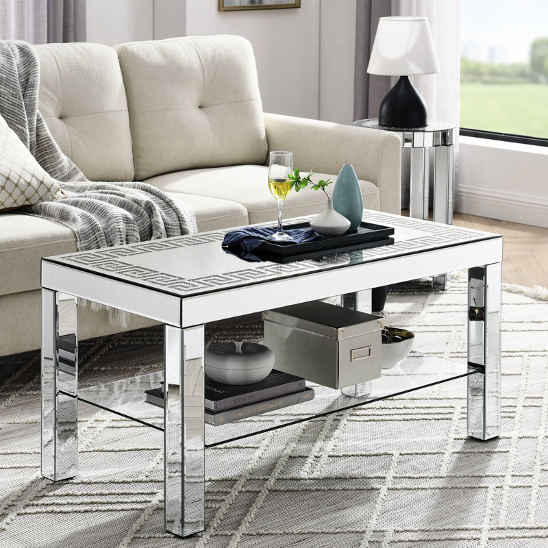Table basse moderne à miroir avec cadre étincelant, verre argenté pour le salon