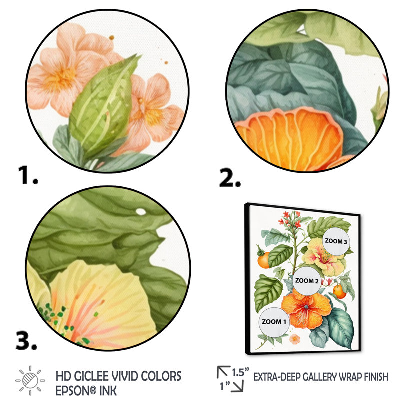 «Blossiming Yellow Retro Hibiscus I - Floral Hibiscus, art mural sur toile, H 32 po x l 24 po x P 1 po, Cadre flottant noir