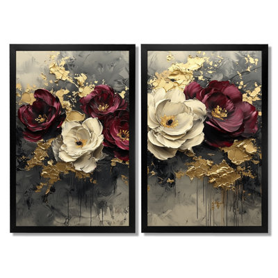 Burgundy Poppies Dreamscape At Night - Poppies Wall Art Wall Art, Red Floral Canvas Print Set Of 2