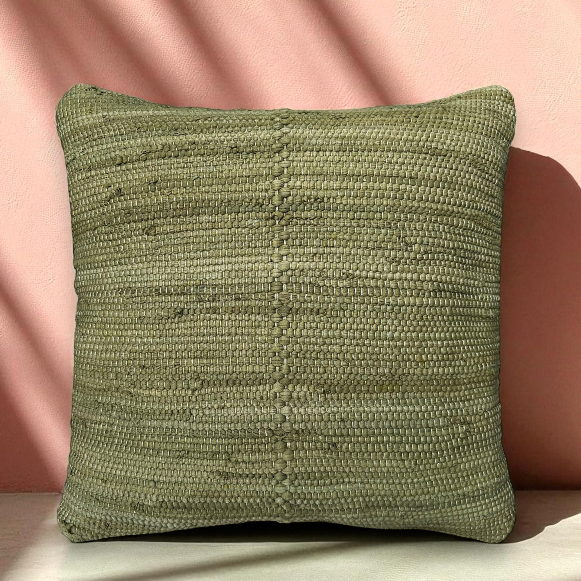 PILLOWPIA 100% Cotton Chindi Lumbar Pillow Cover with Brass Zipper | Handwoven Accent, Square 20", Moss