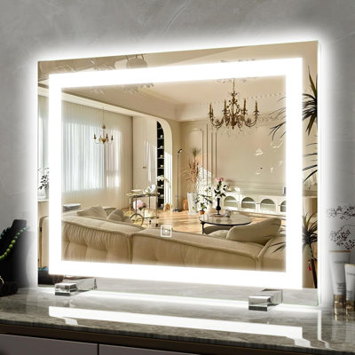 Grand miroir de meuble-lavabo à DEL avec éclairage 3 couleurs à intensité variable, miroir de maquillage pour salle de bain et vestiaire, fixation murale ou de table, réflexion ultra-claire sans distorsion
